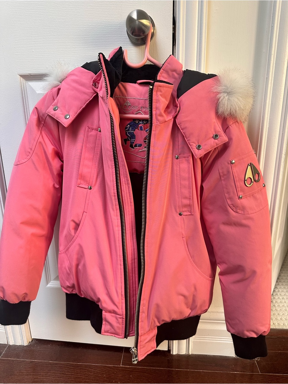 Moose Knuckles Pink Hooded Parka with Embroidered Hockey Motif